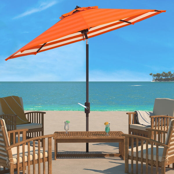 Safavieh Athens Inside Out Striped 9Ft Crank Outdoor Auto Tilt Umbrella Orange Metal PAT8007O