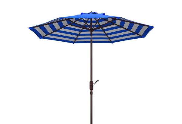 Safavieh Athens Inside Out Striped 9Ft Crank Outdoor Auto Tilt Umbrella Pacific Blue Metal PAT8007P