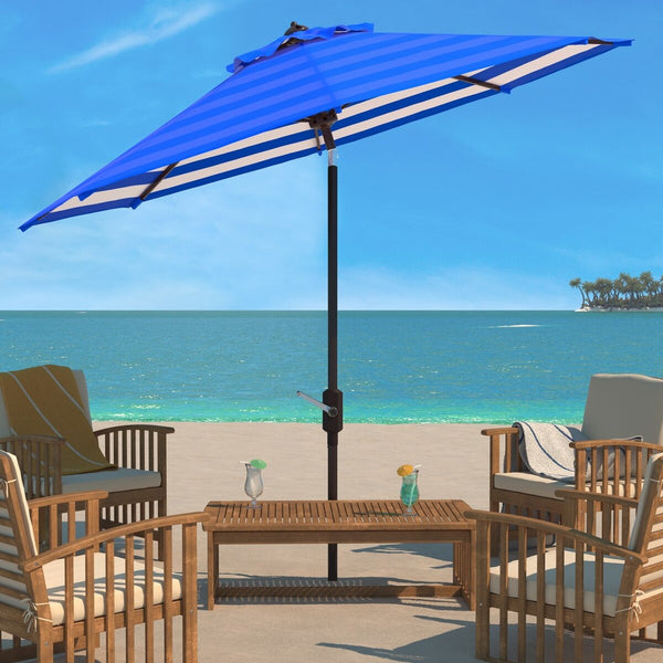 Safavieh Athens Inside Out Striped 9Ft Crank Outdoor Auto Tilt Umbrella Pacific Blue Metal PAT8007P