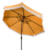 Safavieh Milan Umbrella Fringe 9' Crank Outdoor Auto Tilt Yellow White Trim Brown Metal Hardwood Polyester Aluminum PAT8008D 889048314740