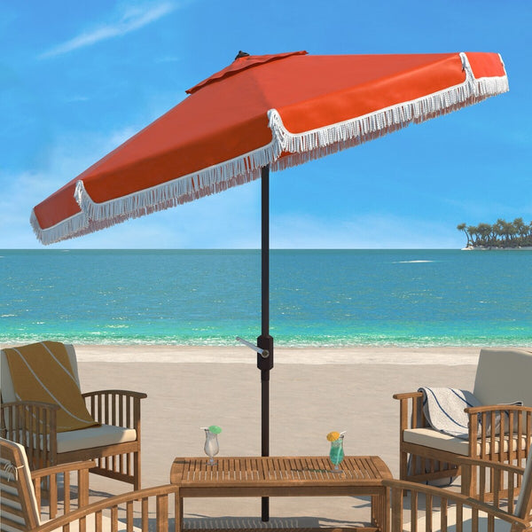 Safavieh Milan Fringe 9Ft Crank Outdoor Push Button Tilt Umbrella Orange Metal PAT8008O