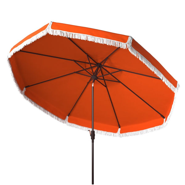 Safavieh Milan Fringe 9Ft Crank Outdoor Push Button Tilt Umbrella Orange Metal PAT8008O