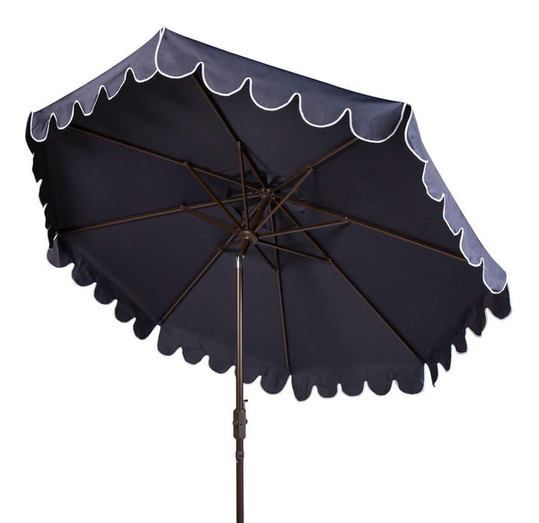 Safavieh Venice Umbrella Single Scallop 9' Crank Outdoor Auto Tilt Navy White Brown Metal Hardwood Polyester Aluminum PAT8010A 889048314870