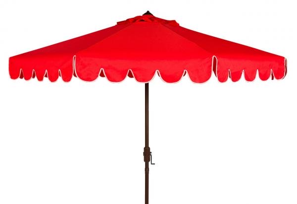 Safavieh Venice Umbrella Single Scallop 9' Crank Outdoor Auto Tilt Red White Brown Metal Hardwood Polyester Aluminum PAT8010C 889048314894