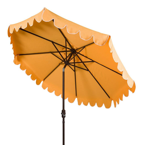 Safavieh Venice Umbrella Single Scallop 9' Crank Outdoor Auto Tilt Yellow White Brown Metal Hardwood Polyester Aluminum PAT8010D 889048314900