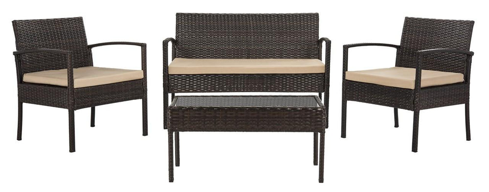 Safavieh Mattia Living Set 4 Piece Brown Beige Black PE Ratan Wood Polyester Foam Steel PAT9001A 889048306141