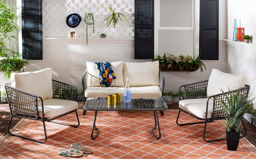 Safavieh Benjin 4 Piece Living Set Grey White Rattan PE Rattan 100% Polyester Foam Steel PAT9003A