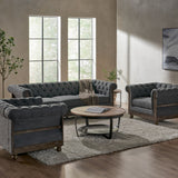 Voll Chesterfield Fabric Tufted 3 Piece Living Room Set with Nailhead Trim, Charcoal and Dark Brown Noble House