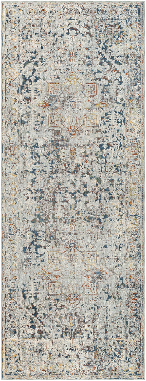 Presidential PDT-2300 Traditional Polyester Rug PDT2300-338 Pale Blue, Bright Blue, Medium Gray, Peach, Ivory, Butter, Burnt Orange, Lime, Charcoal 100% Polyester 3'3" x 8'