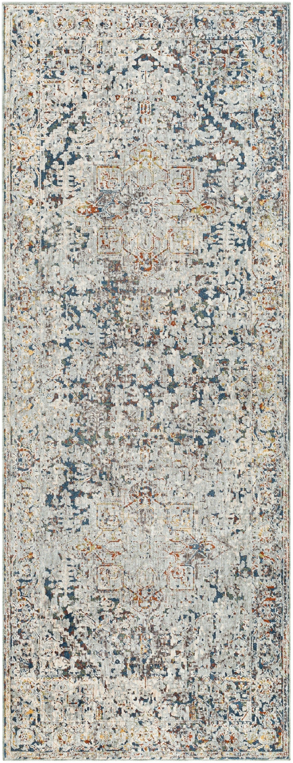 Presidential PDT-2300 Traditional Polyester Rug PDT2300-338 Pale Blue, Bright Blue, Medium Gray, Peach, Ivory, Butter, Burnt Orange, Lime, Charcoal 100% Polyester 3'3" x 8'