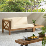 Brava Outdoor Acacia Wood Left Arm Loveseat and Coffee Table Set with Cushion, Teak and Beige Noble House