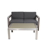 Aviara Outdoor Aluminum Loveseat and Tempered Glass-Topped Coffee Table, Silver and Gray Noble House