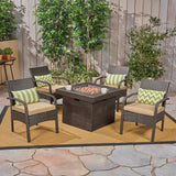 Cordoba Patio Fire Pit Set, 4-Seater with Club Chairs, Wicker with Outdoor Cushions, Brown, Tan, Brown Noble House