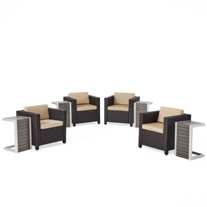 Noble House Puerta Outdoor 4 Piece Dark Brown Wicker Club Chairs with Beige Cushions and 4 Natural Finish  Polymer Blended Wood C-Shaped Tables