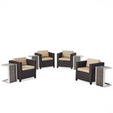Puerta Outdoor 4 Piece Dark Brown Wicker Club Chairs with Beige Cushions and 4 Natural Finish  Polymer Blended Wood C-Shaped Tables