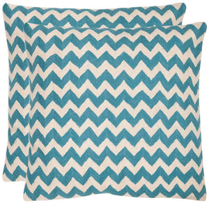 Safavieh - Set of 2 - Tealea Pillow Striped Chainstitch 22" Blue Rain Cotton Canvas Button Closure Fiberfill PIL102C-2222-SET2 683726410102