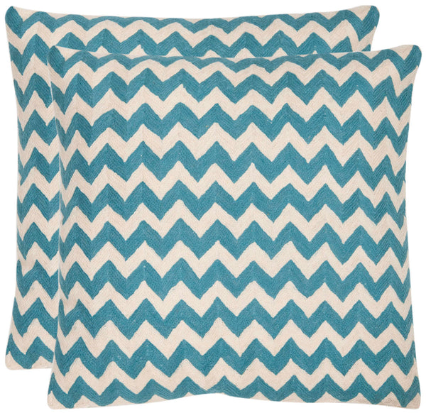 Safavieh - Set of 2 - Tealea Pillow Striped Chainstitch 22" Blue Rain Cotton Canvas Button Closure Fiberfill PIL102C-2222-SET2 683726410102