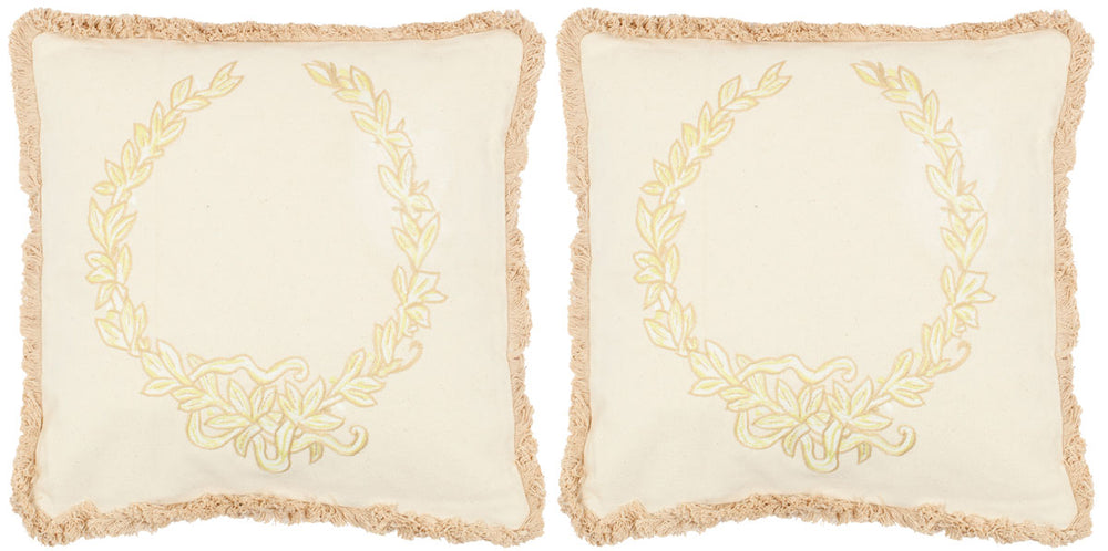 Lola Pillow Set of 2 - Shabby Chic Cotton Pillows with Roman Wreath Motif & Beige Fringe Detail