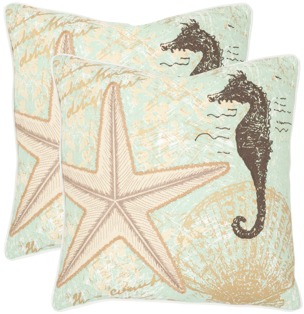 Safavieh - Set of 2 - Lauren Pillow Coastal 22" Seafoam and Green Linen Cotton Hidden Zipper Feather PIL921A-2222-SET2 683726938798
