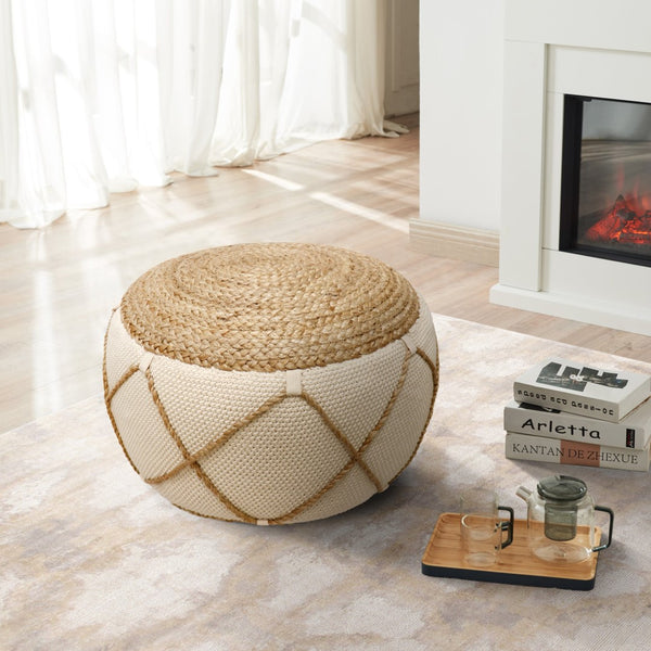 Pasargad Santorini Cotton & Jute Pouf, Natural & Ivory  PJO-5901L-PASARGAD