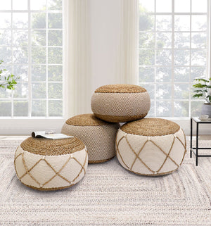 Pasargad Santorini Cotton & Jute Pouf, Natural & Ivory  PJO-5901L-PASARGAD
