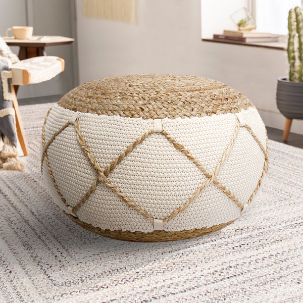 Pasargad Santorini Cotton & Jute Pouf, Natural & Ivory  PJO-5901S-PASARGAD