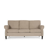 Burkehaven Contemporary Fabric 3 Seater Sofa with Nailhead Trim, Sand and Dark Brown Noble House