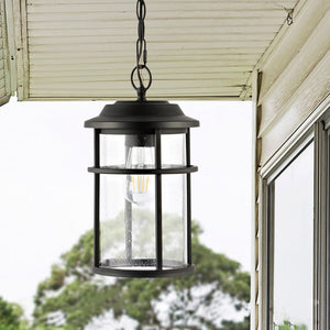 Cianna Outdoor Pendant Light – Timeless Matte Black Design with Seeded Glass Shade for Patios