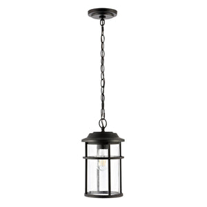 Cianna Outdoor Pendant Light – Timeless Matte Black Design with Seeded Glass Shade for Patios