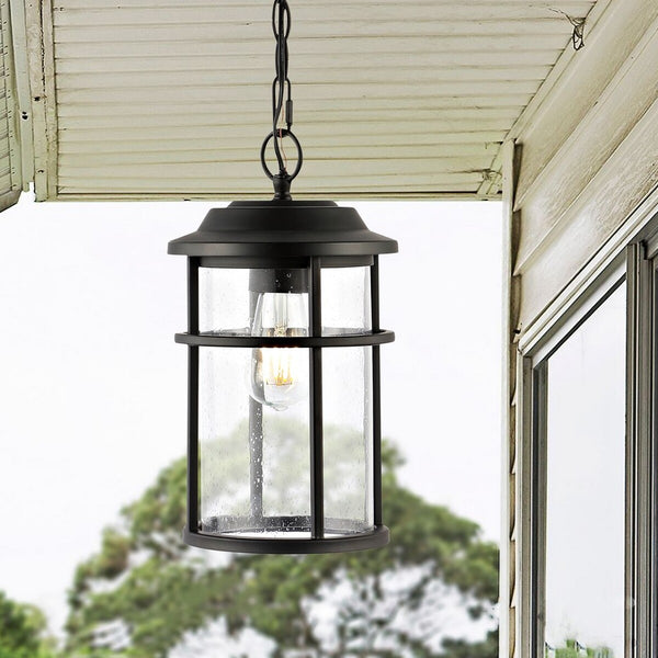 Cianna Outdoor Pendant Light – Timeless Matte Black Design with Seeded Glass Shade for Patios