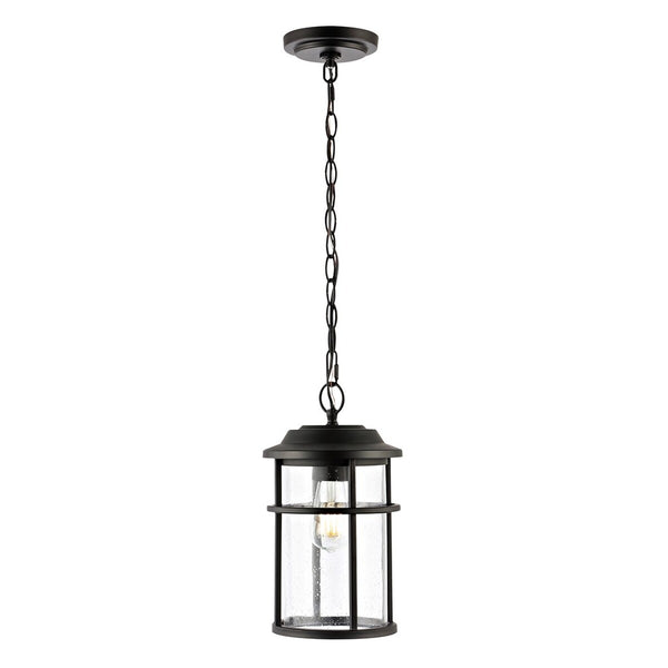 Cianna Outdoor Pendant Light – Timeless Matte Black Design with Seeded Glass Shade for Patios