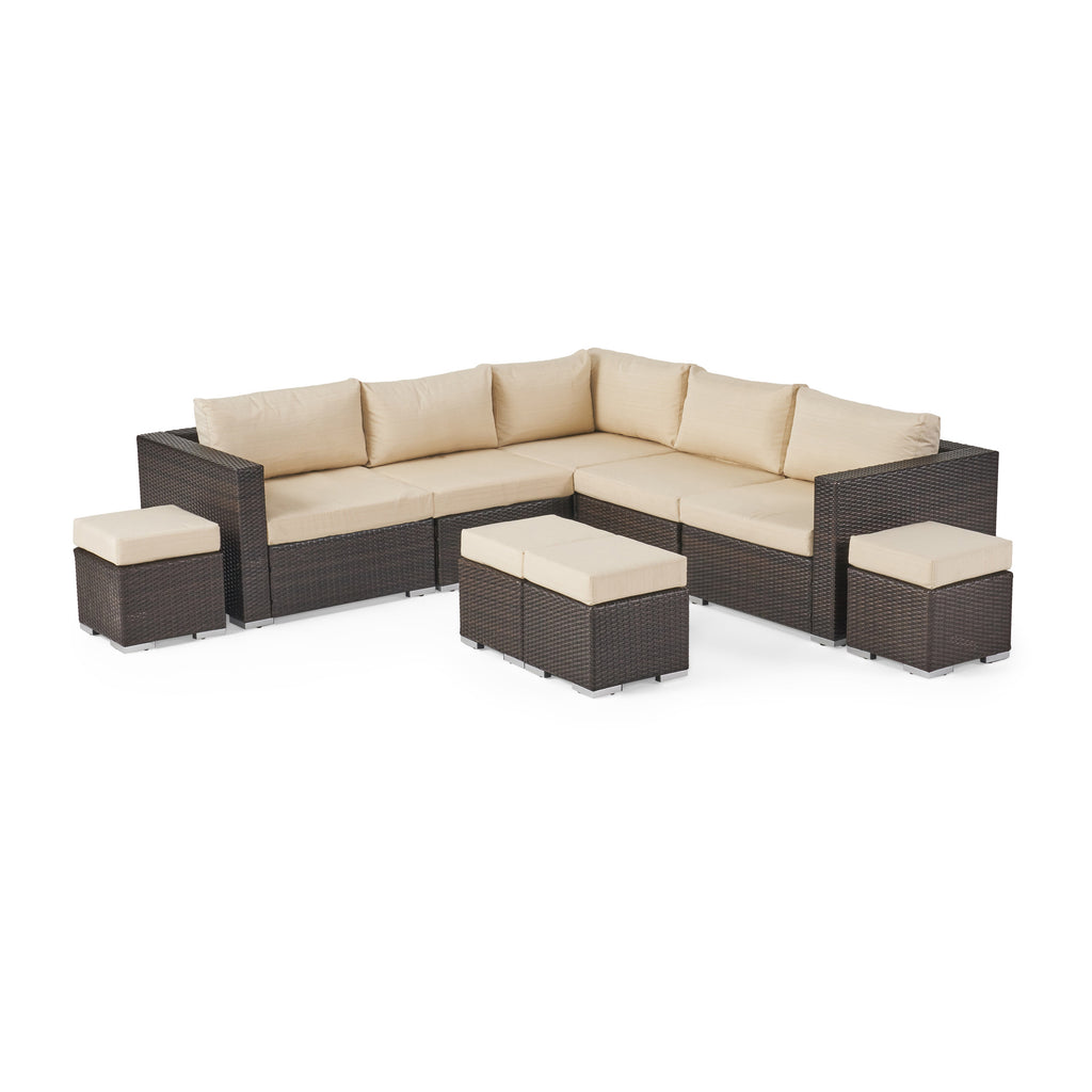 Santa Rosa Outdoor 5 Seater Wicker Sectional Sofa Set with Aluminum Frame and Cushions, Multibrown and Beige Noble House