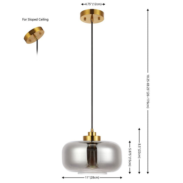 Safavieh Edge, 11 Inch, Smoke Grey/Brass, Glass/Iron Pendant Smoke Grey / Brass Glass PND4144A