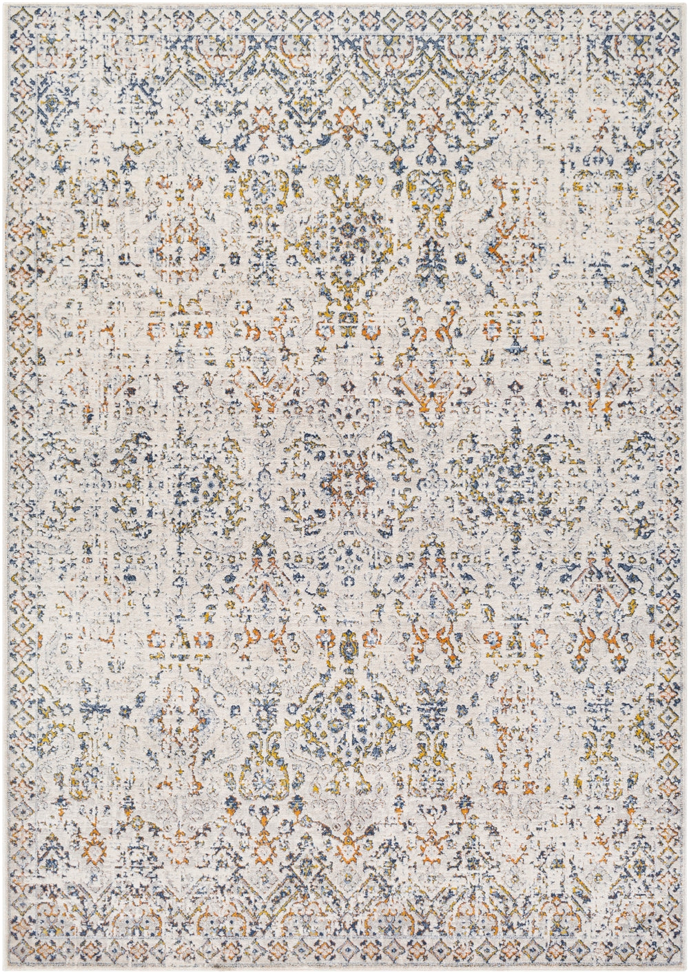 Porto POO-2304 Traditional Polyester, Polypropylene Rug POO2304-710102 White, Light Gray, Dark Blue, Denim, Taupe, Mustard, Burnt Orange 50% Polyester, 50% Polypropylene 7'10" x 10'2"
