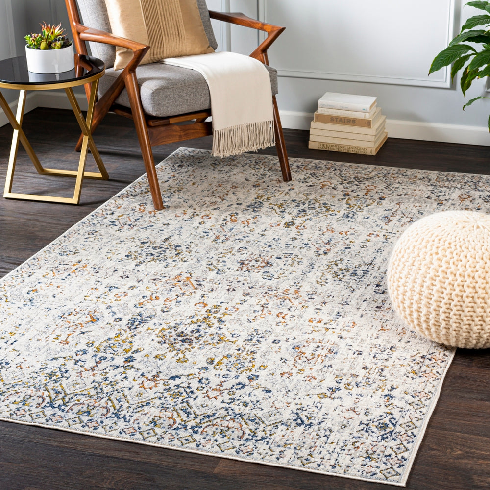 Porto POO-2304 Traditional Polyester, Polypropylene Rug POO2304-710102 White, Light Gray, Dark Blue, Denim, Taupe, Mustard, Burnt Orange 50% Polyester, 50% Polypropylene 7'10" x 10'2"