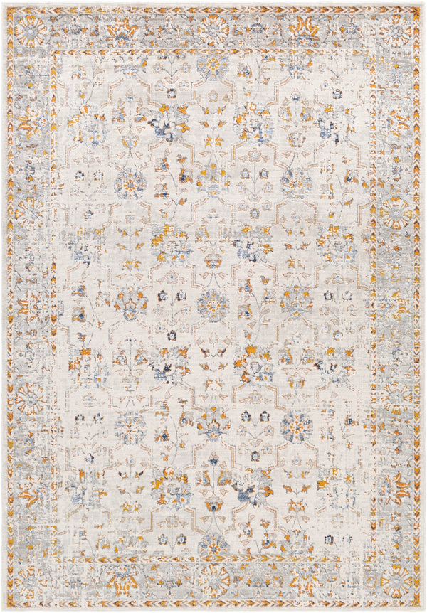 Porto POO-2318 Traditional Polyester, Polypropylene Rug POO2318-710102 White, Light Gray, Dark Blue, Denim, Mustard, Taupe, Burnt Orange 50% Polyester, 50% Polypropylene 7'10" x 10'2"