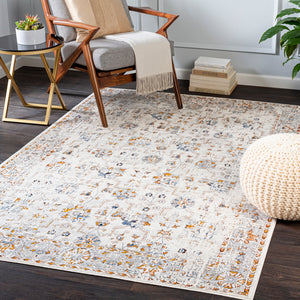 Porto POO-2318 Traditional Polyester, Polypropylene Rug POO2318-710102 White, Light Gray, Dark Blue, Denim, Mustard, Taupe, Burnt Orange 50% Polyester, 50% Polypropylene 7'10" x 10'2"