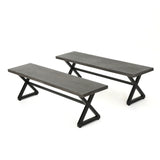 Rolando Outdoor Grey Aluminum Dining Bench with Black Steel Frame (Set of 2)