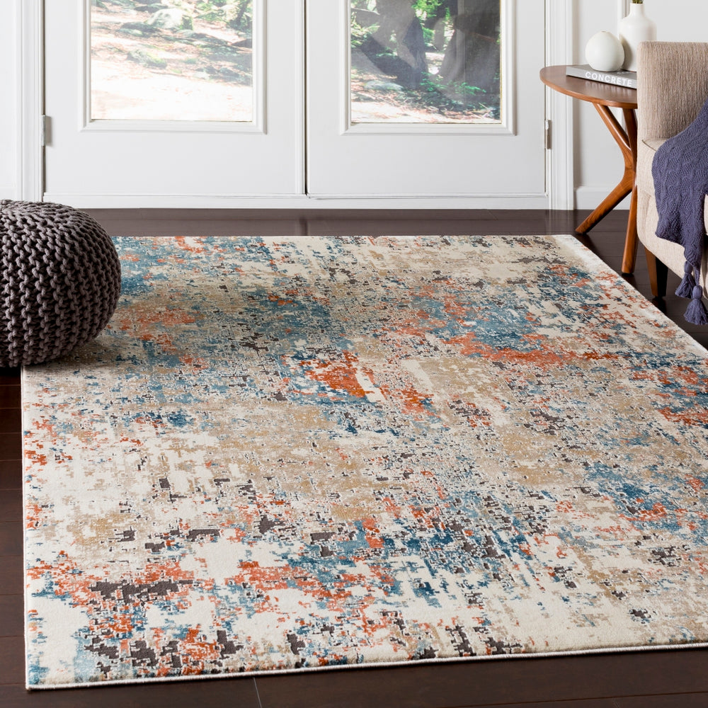 Pune PUN-2302 Modern Polypropylene, Polyester Rug PUN2302-93123 Teal, Aqua, Beige, Taupe, Dark Brown, Burnt Orange, Coral, Camel 80% Polypropylene, 20% Polyester 9' x 12'4"
