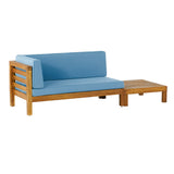 Oana Outdoor Acacia Wood Left Arm Loveseat and Coffee Table Set with Cushion, Teak and Blue Noble House