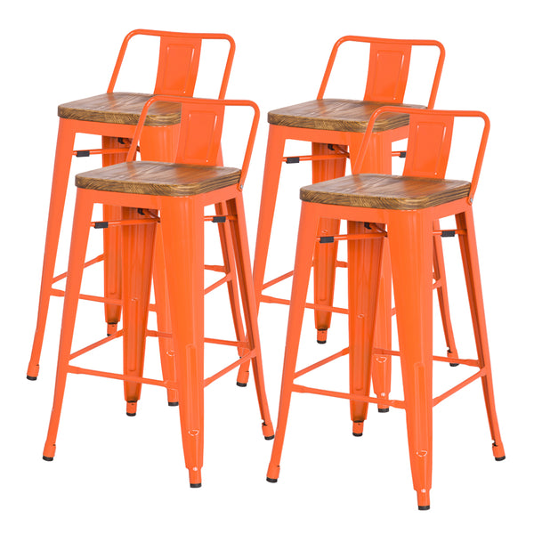 Metropolis Low-Back Bar Stool Set of 4 - Stylish Pine Wood, Sturdy Steel Frame for Modern Spaces