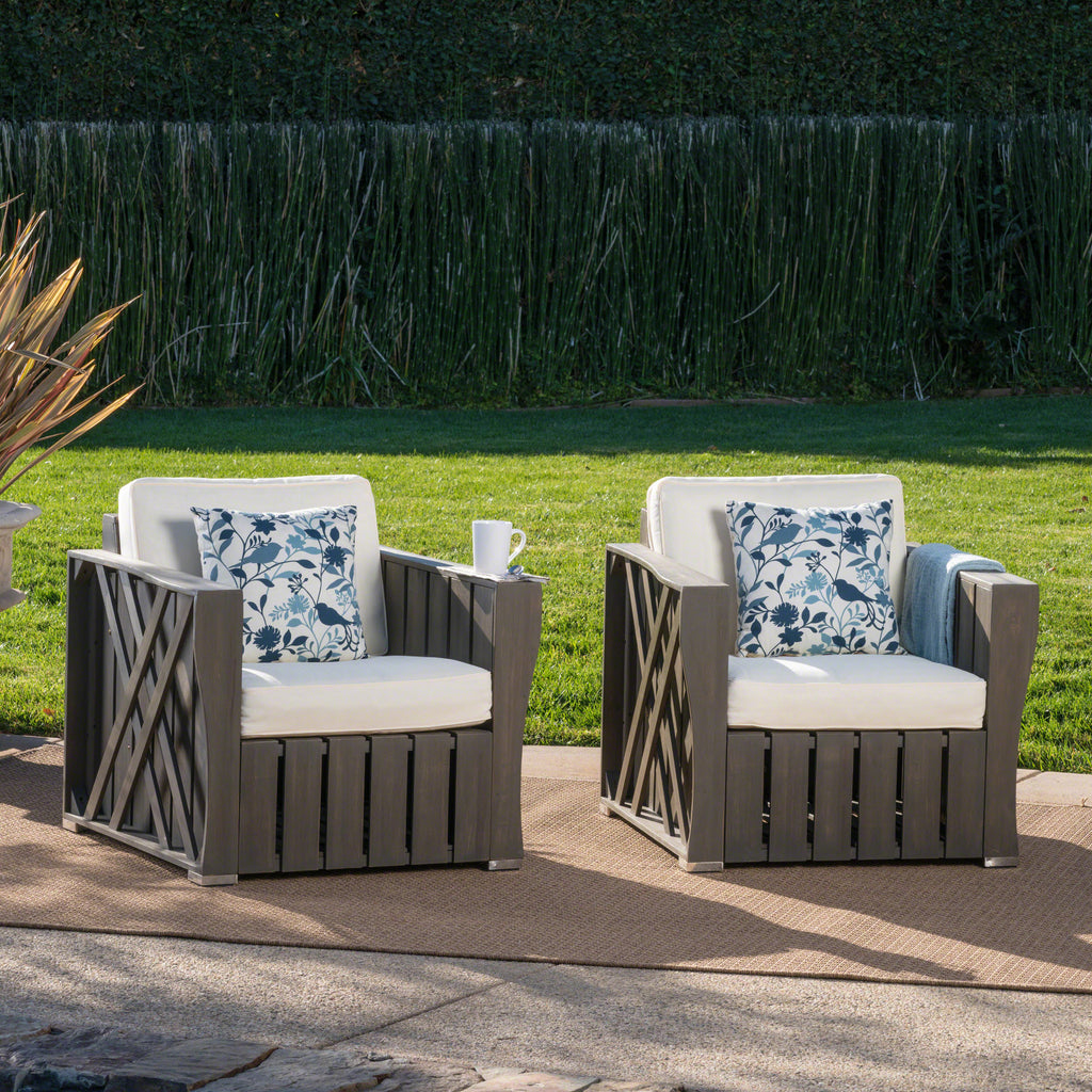 Cadence Outdoor Grey Finished Acacia Wood Club Chairs with Cream Water Resistant Cushions Noble House