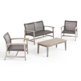 Hampton Outdoor 4 Piece Wood and Wicker Chat Set, Mixed Black Noble House