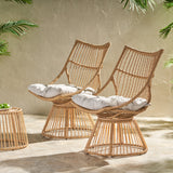 Caryl Outdoor Wicker High Back Lounge Chairs with Cushion, Light Brown and Beige Noble House