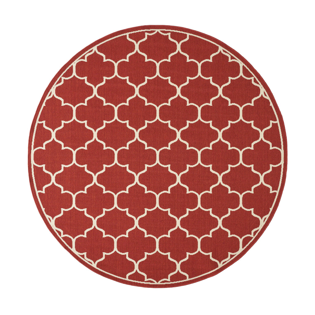 Thornhill Outdoor 7'10" Round Trefoil Area Rug, Red and Ivory Noble House