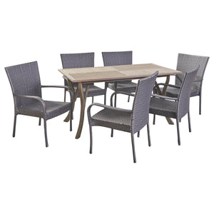 Monterey Outdoor 7 Piece Wood and Wicker Dining Set, Gray and Gray Noble House