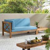 Brava Outdoor Acacia Wood Left Arm Loveseat and Coffee Table Set with Cushion, Teak and Blue Noble House