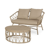 Bruce Outdoor Wicker Loveseat and Coffee Table Set, Light Brown and Beige Noble House