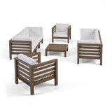 Oana Outdoor 8 Seater Acacia Wood Sofa and Club Chair Set, Gray Finish and White Noble House