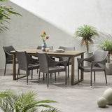 Noble House Aggie Outdoor Acacia Wood and Wicker 7 Piece Dining Set, Gray